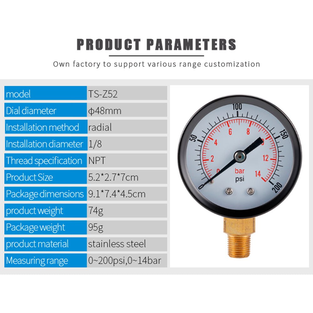 TS-Z52 0-200 PSI / 0-14 Bar Range Gas Pressure Gauge Stainless Steel Dual Scale Multipurpose Oil Water Pressure Gauge TS-Z52 0-200 PSI / 0-14 Bar Range Gas Pressure Gauge Stainless Steel Dual Scale Multipurpose Oil Water Pressure Gauge